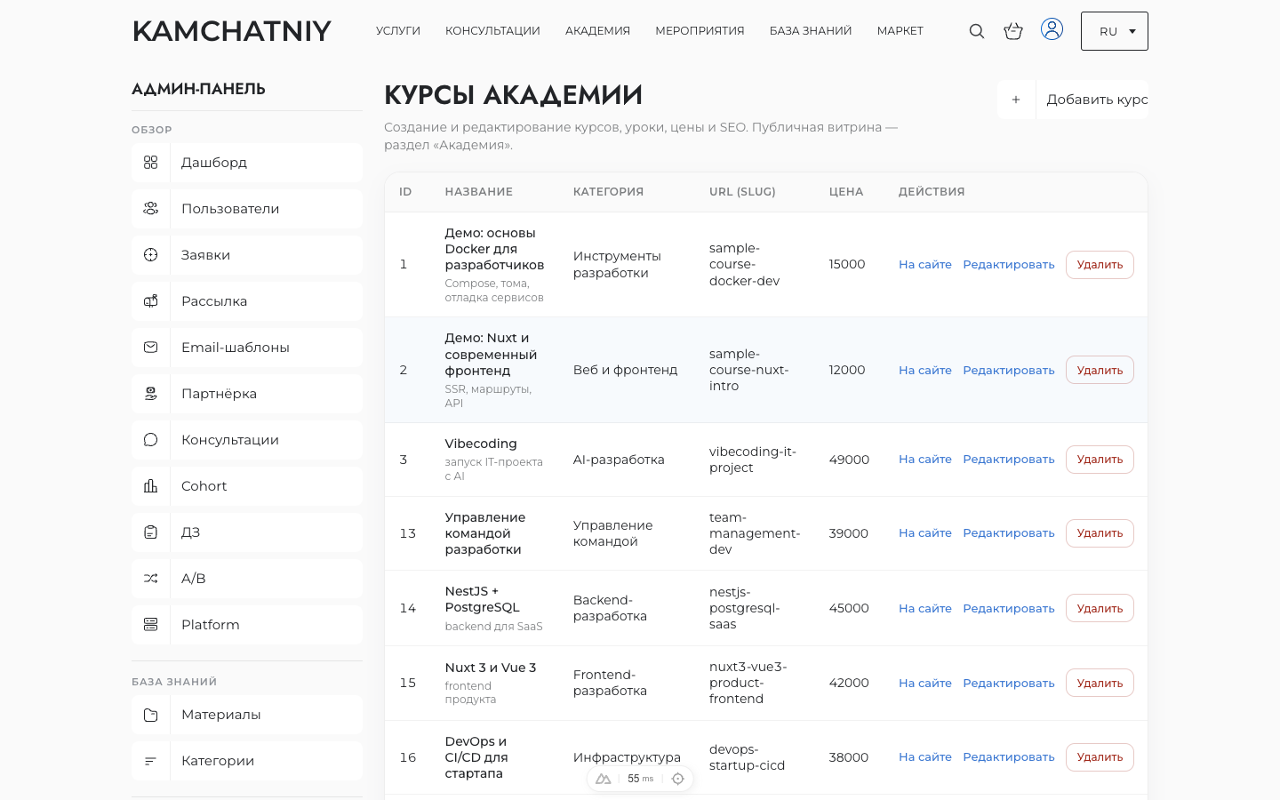 Courses section in Tribuna admin